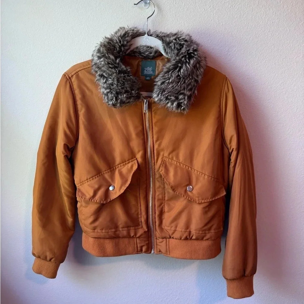 Wild Fable Bomber Jacket - Gold with faux fur, size medium